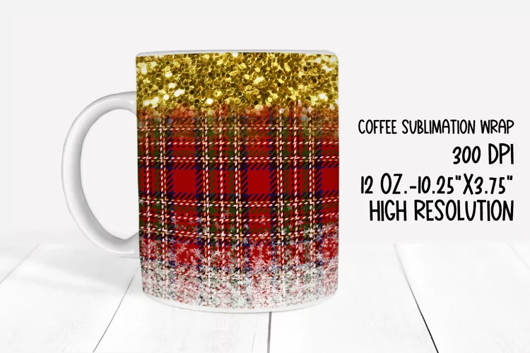 Red Tartan Plaid & Glitter Sublimation Coffee Mug Wrap