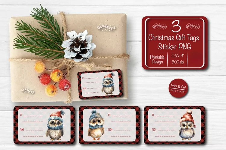 Christmas Gift Tag Stickers Owl Christmas tag printable PNG