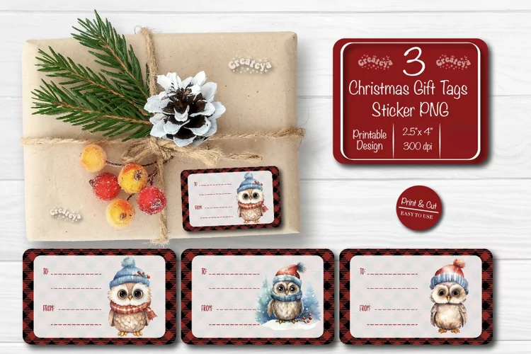 Christmas Gift Tag Stickers Owl Christmas tag printable PNG