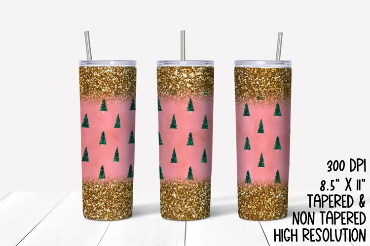 Gold Glitter & Christmas Trees Sublimation Tumbler