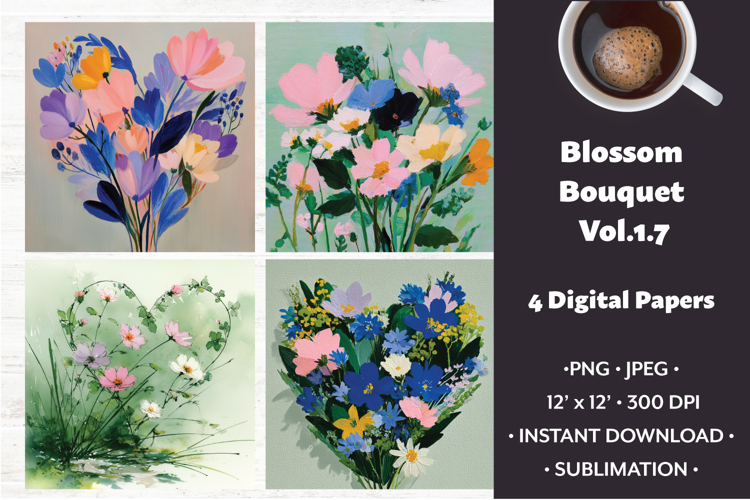 Blossom Bouquet Digital Paper Vol. 1.7, 4 PNG & JPEG