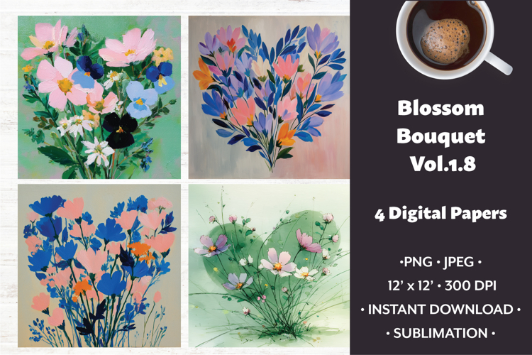 Blossom Bouquet Digital Paper Vol. 1.8, 4 PNG & JPEG
