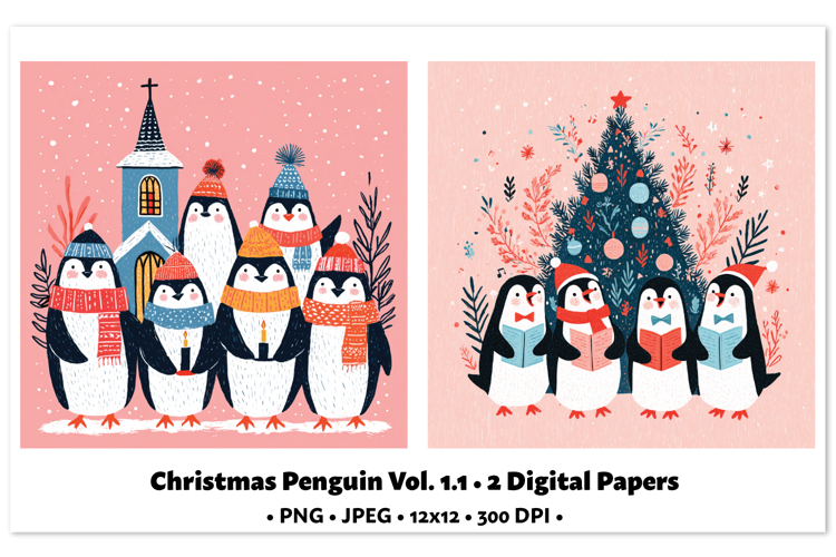 Christmas Penguin Digital Paper Vol.1.1, 2 PNG and JPEG
