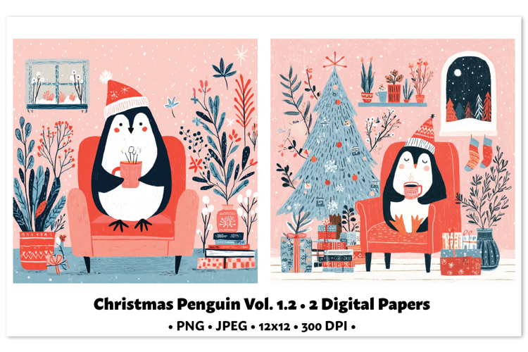 Christmas Penguin Digital Paper Vol.1.2, 2 PNG and JPEG