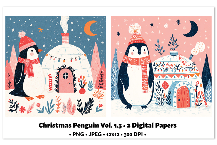 Christmas Penguin Digital Paper Vol.1.3, 2 PNG and JPEG