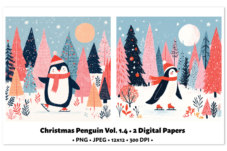 Christmas Penguin Digital Paper Vol.1.4, 2 PNG and JPEG
