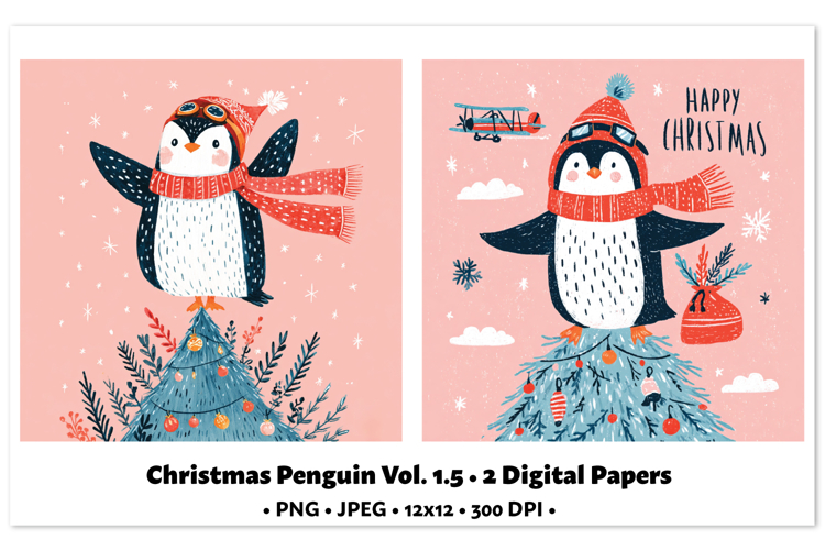 Christmas Penguin Digital Paper Vol.1.5, 2 PNG and JPEG
