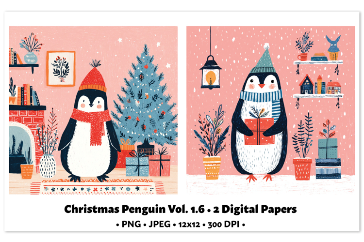 Christmas Penguin Digital Paper Vol.1.6, 2 PNG and JPEG