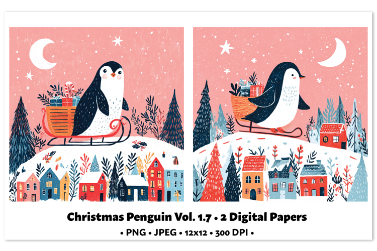 Christmas Penguin Digital Paper Vol.1.7, 2 PNG and JPEG