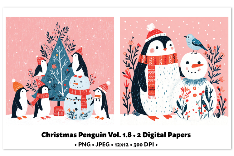 Christmas Penguin Digital Paper Vol.1.8, 2 PNG and JPEG
