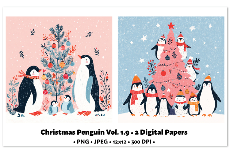 Christmas Penguin Digital Paper Vol.1.9, 2 PNG and JPEG