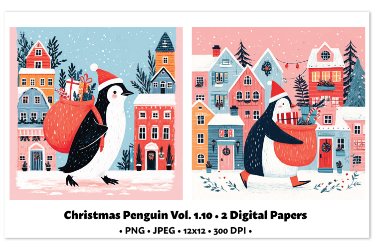 Christmas Penguin Digital Paper Vol.1.10, 2 PNG and JPEG