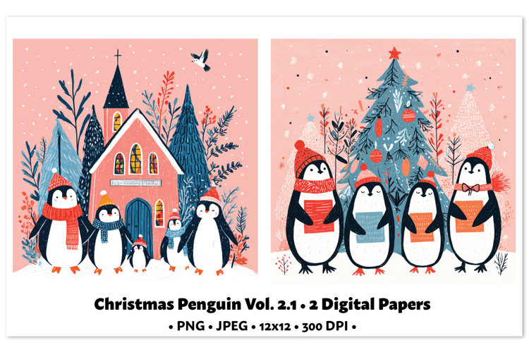 Christmas Penguin Digital Paper Vol.2.1, 2 PNG and JPEG
