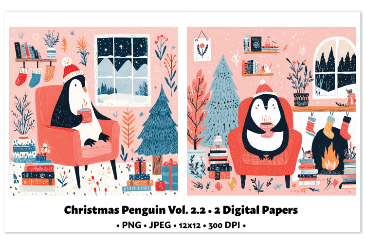 Christmas Penguin Digital Paper Vol.2.2, 2 PNG and JPEG
