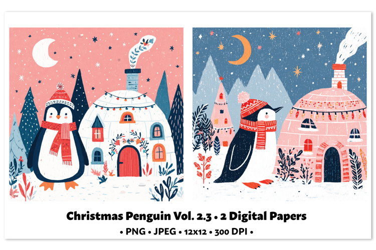 Christmas Penguin Digital Paper Vol.2.3, 2 PNG and JPEG