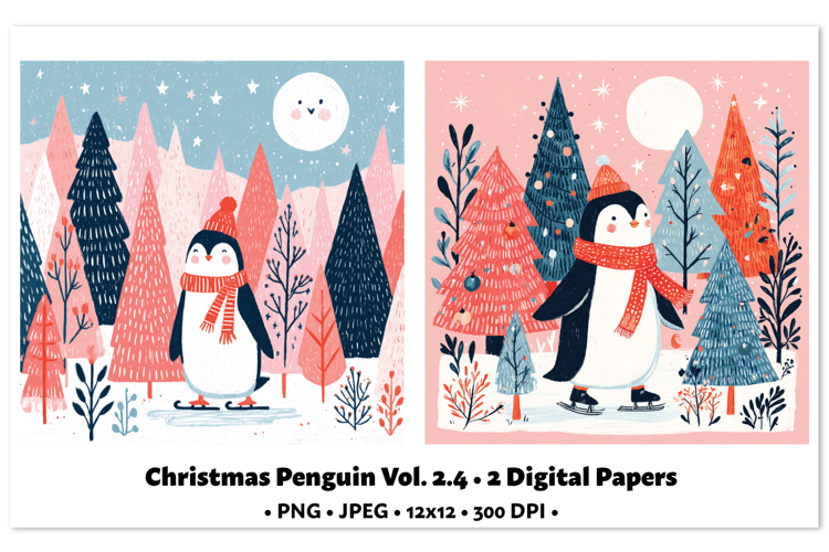 Christmas Penguin Digital Paper Vol.2.4, 2 PNG and JPEG