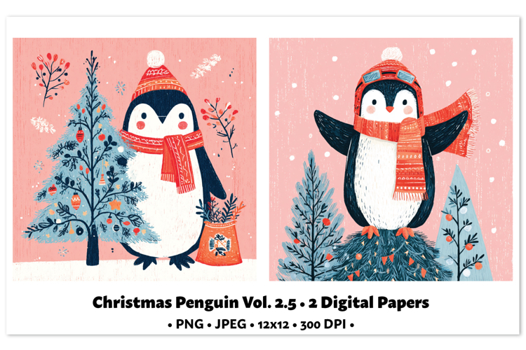 Christmas Penguin Digital Paper Vol.2.5, 2 PNG and JPEG