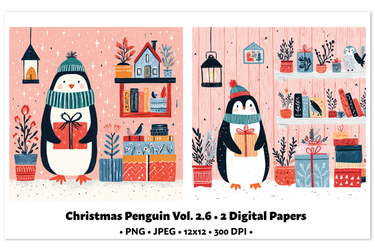 Christmas Penguin Digital Paper Vol.2.6, 2 PNG and JPEG