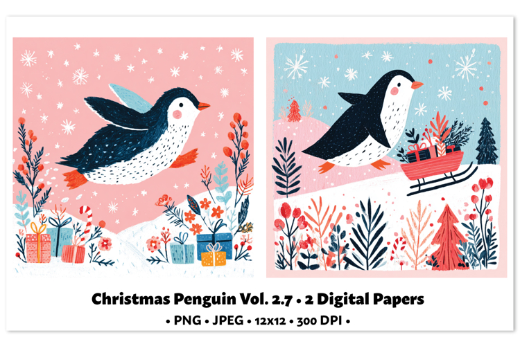 Christmas Penguin Digital Paper Vol.2.7, 2 PNG and JPEG