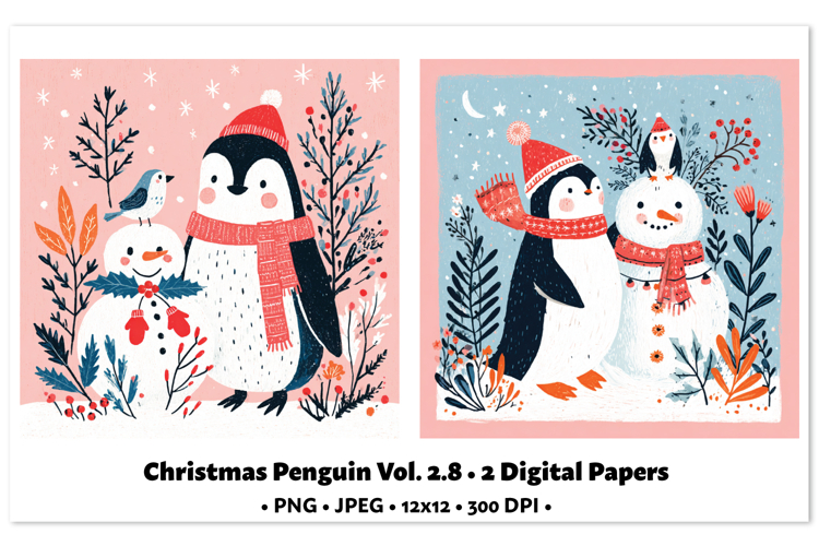 Christmas Penguin Digital Paper Vol.2.8, 2 PNG and JPEG