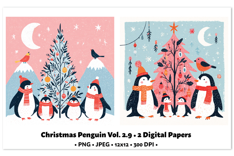 Christmas Penguin Digital Paper Vol.2.9, 2 PNG and JPEG