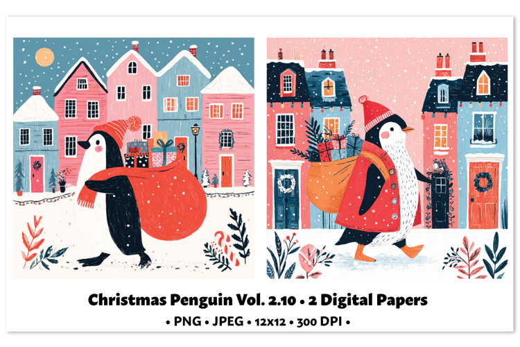 Christmas Penguin Digital Paper Vol.2.10, 2 PNG and JPEG