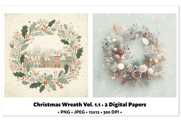 Christmas Wreath Digital Paper Vol.1.1, 2 PNG and JPEG