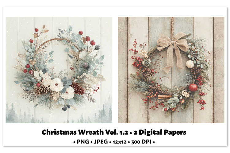 Christmas Wreath Digital Paper Vol.1.2, 2 PNG and JPEG