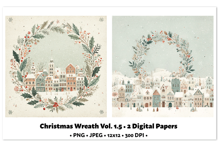 Christmas Wreath Digital Paper Vol.1.5, 2 PNG and JPEG