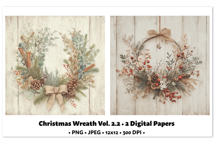 Christmas Wreath Digital Paper Vol.2.2, 2 PNG and JPEG