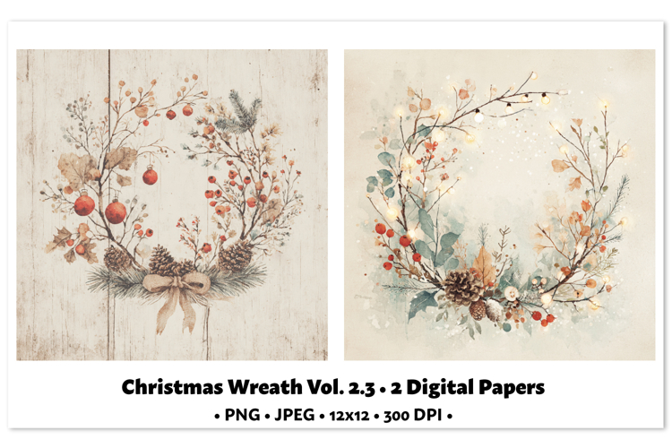 Christmas Wreath Digital Paper Vol.2.3, 2 PNG and JPEG