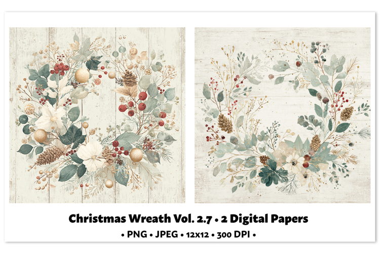 Christmas Wreath Digital Paper Vol.2.7, 2 PNG and JPEG