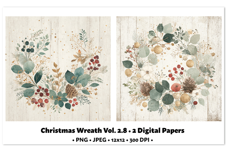 Christmas Wreath Digital Paper Vol.2.8, 2 PNG and JPEG