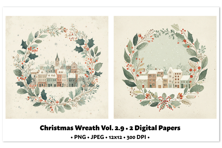 Christmas Wreath Digital Paper Vol.2.9, 2 PNG and JPEG