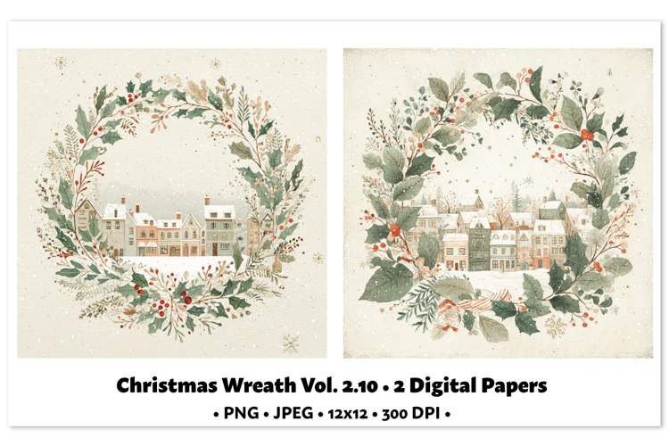 Christmas Wreath Digital Paper Vol.2.10, 2 PNG and JPEG