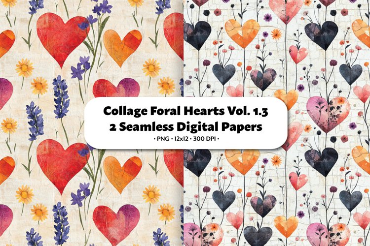 Collage Floral Hearts Seamless Digital Paper Vol. 1.3,2 PNG