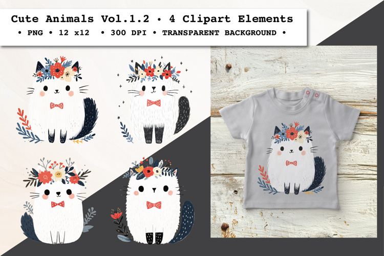 Cute Animals Clipart Vol. 1.2, 4 PNG Elements
