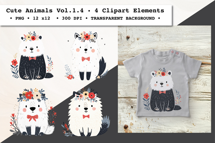 Cute Animals Clipart Vol. 1.4, 4 PNG Elements