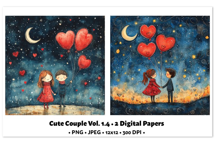 Cute Couple Digital Paper Vol. 1.4, 2 PNG & JPEG Images