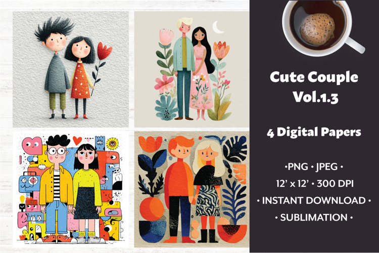 Whimsical Couple Digital Paper Vol. 1.3, 4 PNG & JPEG Images