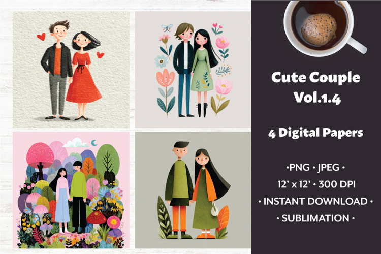 Whimsical Couple Digital Paper Vol. 1.4, 4 PNG & JPEG Images
