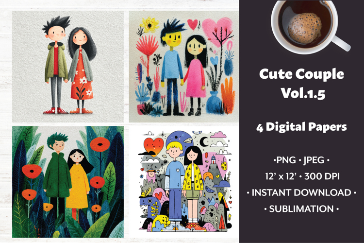 Whimsical Couple Digital Paper Vol. 1.5, 4 PNG & JPEG Images