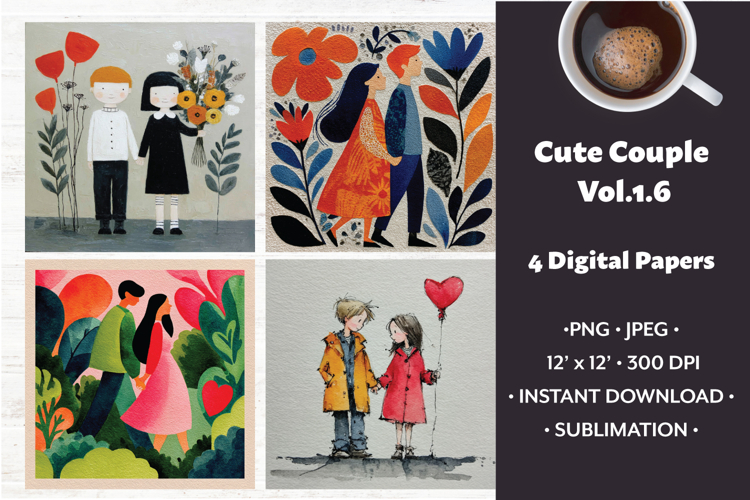 Whimsical Couple Digital Paper Vol. 1.6, 4 PNG & JPEG Images