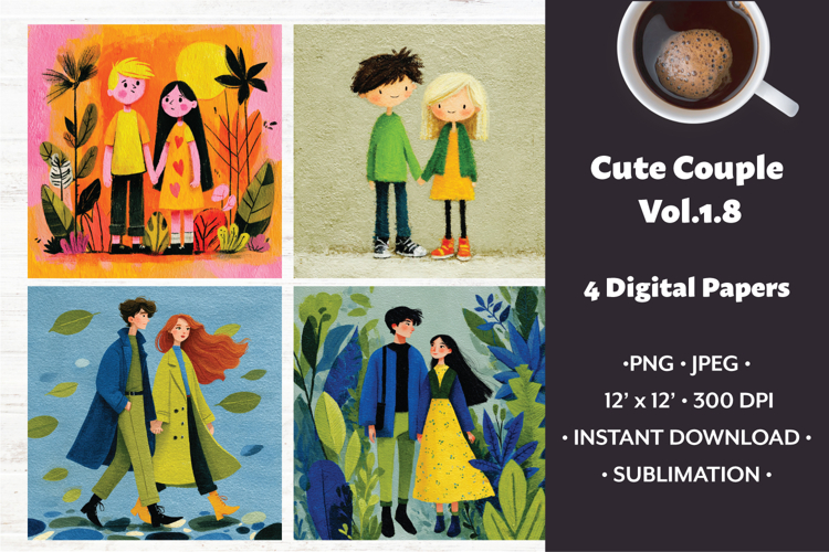 Whimsical Couple Digital Paper Vol. 1.8, 4 PNG & JPEG Images