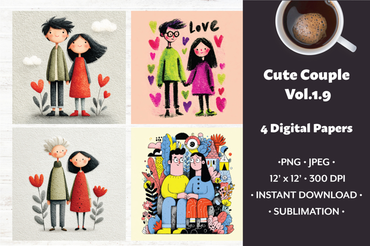 Whimsical Couple Digital Paper Vol. 1.9, 4 PNG & JPEG Images