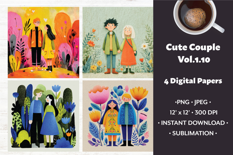 Whimsical Couple Digital Paper Vol. 1.10, 4 PNG & JPEG Image