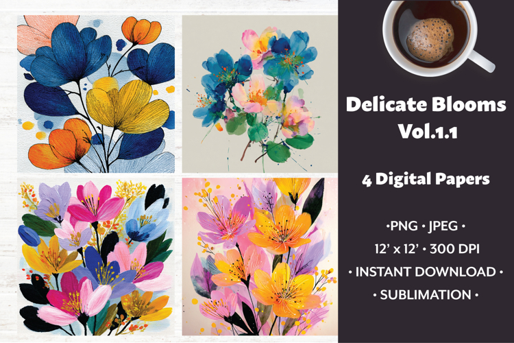 Delicate Blooms Digital Paper Vol. 1.1, 4 PNG & JPEG