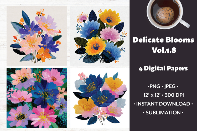 Delicate Blooms Digital Paper Vol. 1.8, 4 PNG & JPEG