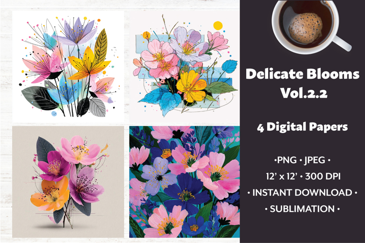 Delicate Blooms Digital Paper Vol. 2.2, 4 PNG & JPEG