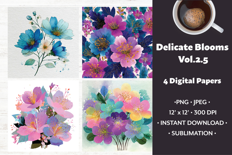 Delicate Blooms Digital Paper Vol. 2.5, 4 PNG & JPEG
